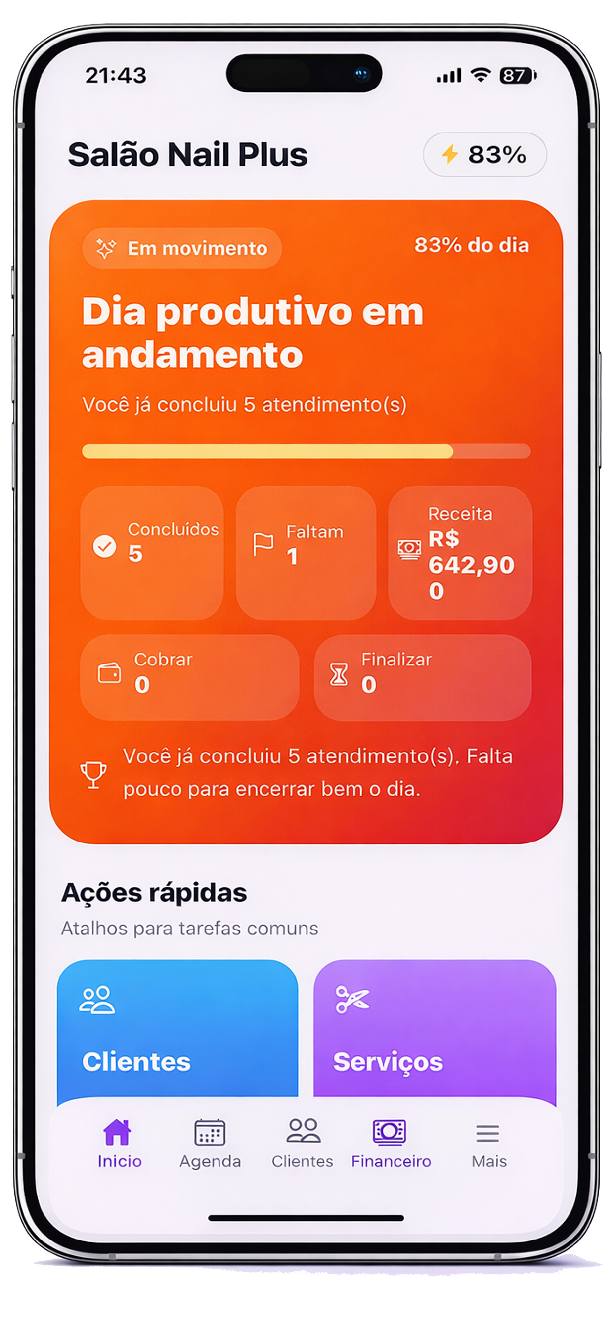 Tela inicial do Zaily com resumo do dia e ações rápidas