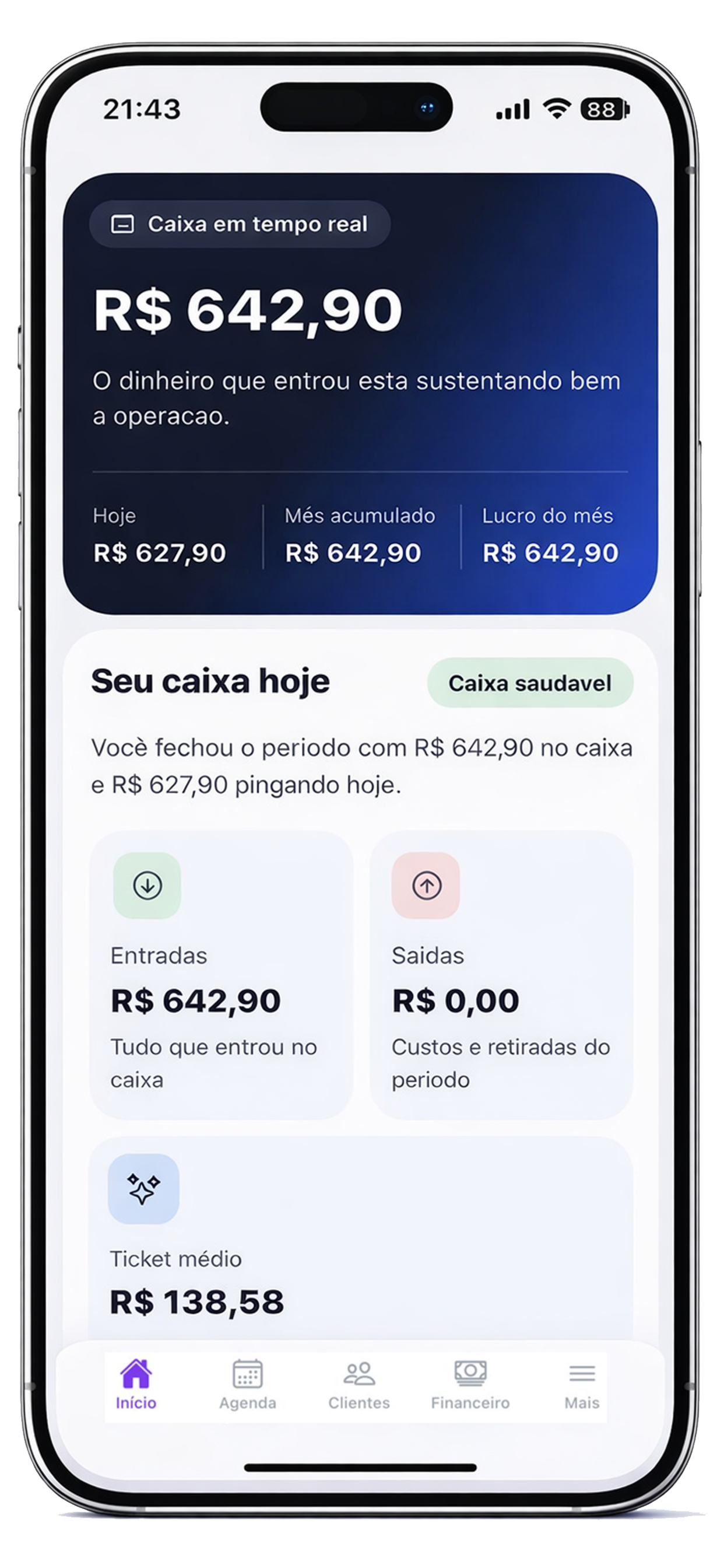 Tela financeira do Zaily com caixa em tempo real