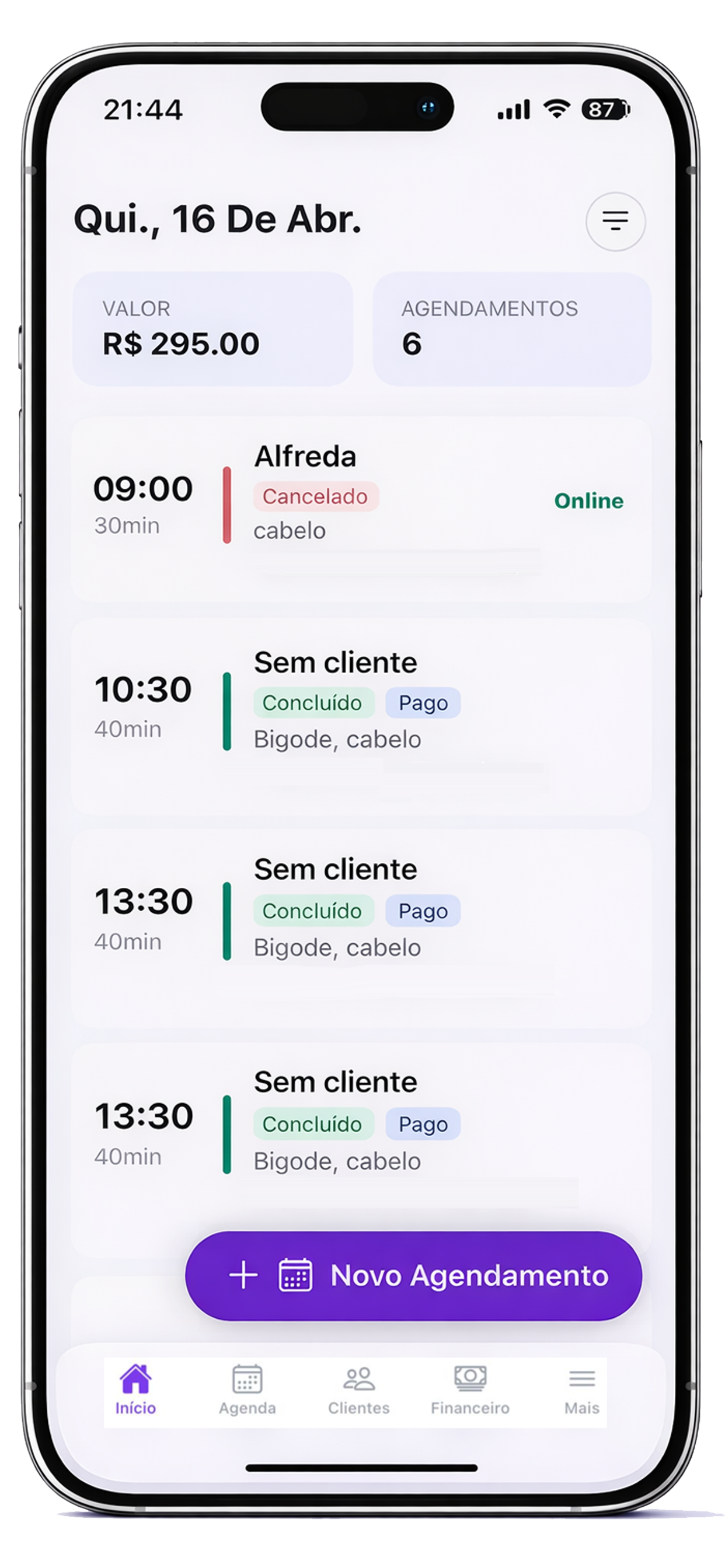 Tela de agenda do Zaily com horários e novo agendamento