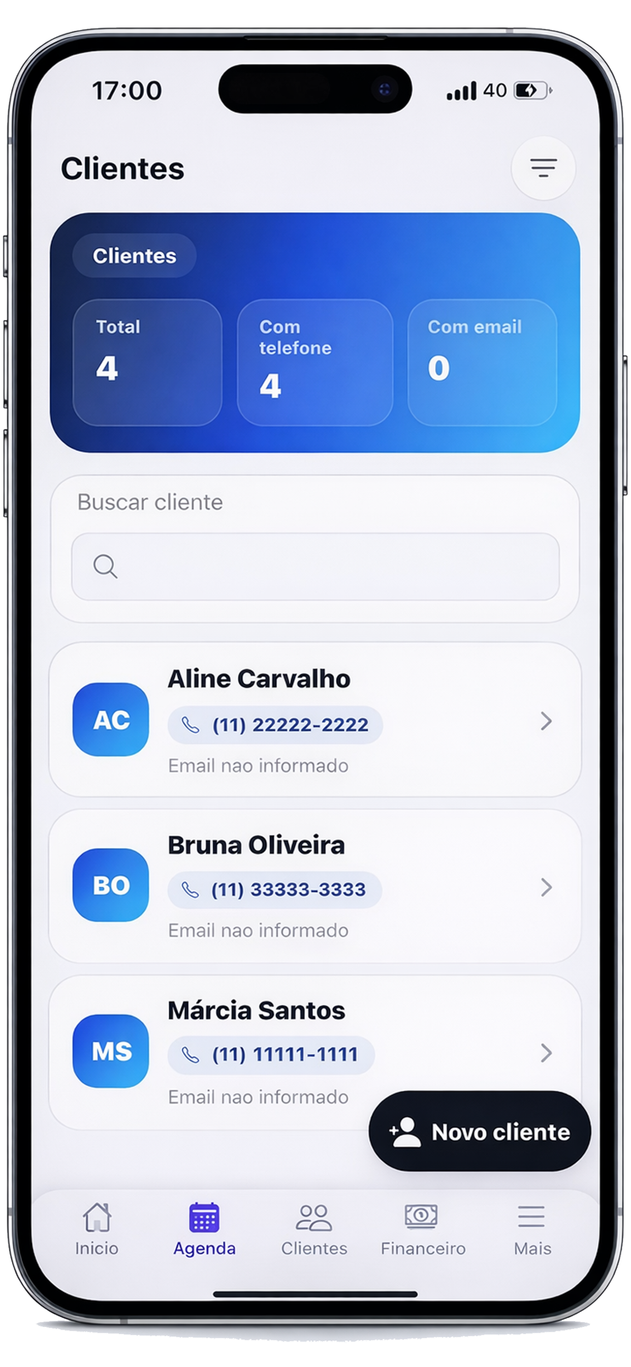 Tela de clientes do Zaily com busca e lista de contatos